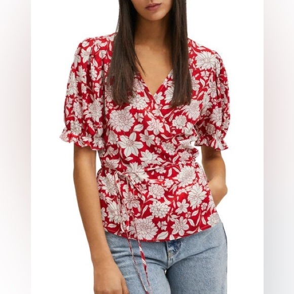 Mango new floral red print frill tie blouse size xs - Picture 1 of 8